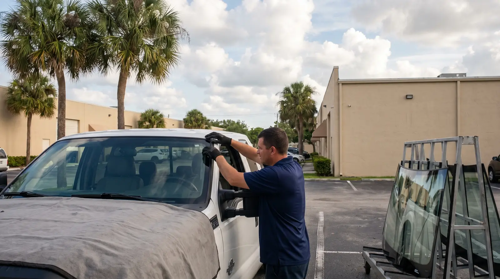 Auto glass technicians installing a new windshield on a pickup truck in West Melbourne